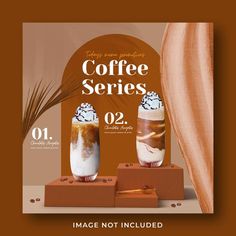 two different types of beverages on display in front of an orange background with the words coffee series 02