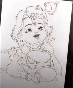 a pencil drawing of a baby sitting on the ground holding a flute in its mouth