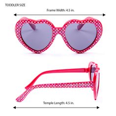 These Heart Toddler Sunglasses are a must for a stylish and fun look! With polarized, UV-protected lenses, these sunglasses showcase a heart shape frame with a charming mini heart print. Elevate their sunny day style with these essential accessories! Toddler size measurements:Frame width: 4.5 in.Temple length: 4.5 in. Heart Shape Frame, Heart Shaped Frame, Essential Accessories, Heart Sunglasses, Mini Heart, Toddler Sizes, Sunny Day, Heart Print, Heart Shape