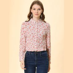 Elevate your style with the Allegra K Women's Floral Shirt, a must-have for any fashion-forward wardrobe. This charming top features a vibrant pink floral pattern that adds a touch of elegance to any outfit.

- Material: Lightweight and breathable fabric
- Color: Pink with floral design
- Size: Small
- Features: Point collar, long sleeves with buttons, button-down front
- Gender: Female
- Age Group: Adult

Ideal for both office wear and casual outings, this shirt pairs beautifully with skirts or Printed Button-up Office Shirt, Fitted Pink Floral Print Shirt, Feminine Long Sleeve Ditsy Floral Print Top, Feminine Long Sleeve Ditsy Floral Top, Pink Floral Print Button-up Shirt, Feminine Long Sleeve Tops With Ditsy Floral Print, Feminine Pink Floral Print Shirt, Feminine Ditsy Floral Long Sleeve Top, Pink Floral Print Collared Blouse