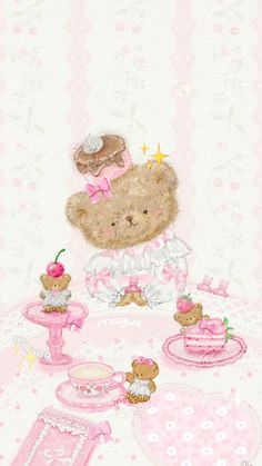 a painting of a teddy bear sitting at a table with tea and cakes on it