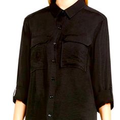 Two By Vince Camuto Women's Two-Pocket Long Sleeve Flowy Rumple Top Black Size M. Cf Button Placket Two Pockets At Cf Chest Shirt Collar Roll Tab Sleeves 29" Cb Length Special Size Type: Standard Our Button Front Blouse With Two Pockets On The Front In Our Flowy Rumple Fabric Versatile Black Tops With Pockets, Versatile Black Top With Pockets, Utility Workwear Tops With Side Pockets, Black Workwear Tops With Buttoned Pockets, Black Button-up Tops With Flap Pockets, Workwear Tops With Pockets And Shirttail Hem, Versatile Tops With Pockets For Workwear, Black Workwear Tops With Pockets, Elegant Black Tops With Pockets