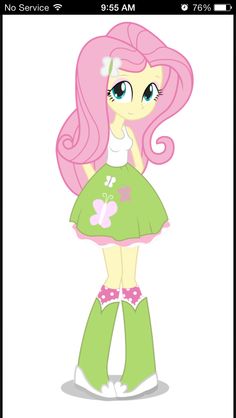 a pink haired girl with long hair and green dress standing in front of a white background