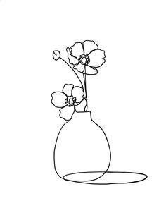 a black and white drawing of a vase with flowers in it on a plain background