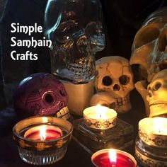 some candles and skulls on a table with the words simple sampain crafts above them