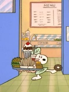 a cartoon character holding a plate with food on it