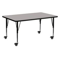 a rectangular activity table with wheels on each side and a gray top, viewed from the front