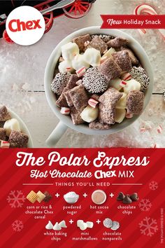 the polar express hot chocolate chex mix is in a bowl with candy and marshmallows