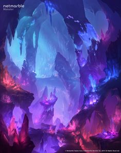 an image of a cave with purple and blue lights