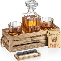 PRICES MAY VARY. 【PERFECT GIFT FOR STRONG WHISKEY FANS】- Everything a whiskey lover wants! This whiskey stones gift set contains 2 rocks glasses (10oz/300ml) + detailed whiskey decanter + rustic wood stand + 6 granite whiskey stones + whiskey stone storage tray + metal tongs + whiskey cocktail cards. Give a gift to your favorite man: father, brother, son, boyfriend, husband, or grandpa. Gift it on any occasion: Father's Day, Christmas, Valentine’s Day, birthday, graduation, wedding, anniversary, Cocktail Cards, Gift Set For Men, Whisky Decanter, Whiskey Cocktail, Whiskey Set, Whiskey Decanter Set, Best Bourbons, Whiskey Stones, Rocks Glasses