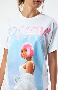 Rock street style with the Nicki Minaj Oversized T-Shirt from Bravado. Featuring a striking Nicki Minaj graphic on the front, this tee is a nod to the iconic rapper's signature style. With its oversized fit, it offers both comfort and edgy flair, making it the perfect statement piece for any casual ensemble.


	Solid color tee
	Short sleeves
	Crew neckline
	Front graphic
	Oversized fit
	100% cotton
	Machine washable
	Model is wearing a size small
	Model measurements: 5’8.5” height, 31.5” bust, 24” waist, 35.5” hips Hip Hop Graphic Design T-shirt For Spring, Oversized Pink Graphic T-shirt, 90s Inspired Graphic Print Tops For Streetwear, 90s Inspired Streetwear T-shirt With Screen Print, 90s Inspired Letter Print T-shirt For Streetwear, 90s Inspired Streetwear T-shirt, 90s Inspired White Graphic T-shirt, Oversized Crew Neck T-shirt Inspired By 90s, Oversized 90s Inspired Streetwear T-shirt