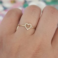 Diamond Heart Ring, 14K Solid Gold Open Heart Ring, 0.09 Ctw Natural Diamond Band, Promise Ring, Heart Shape Ring, 14k White Gold Ring - Gold KT: 14K ( 18K White, Rose , Yellow and Platinum Available upon Request) - Heart Size: 7x7mm - Shank thickness 1.2mm - Round Diamonds: 18 Stones (1mm each ) - Total Diamond Weight : 0.09 Ct - Setting Type: Micro-Pave Setting - Finish: high polish We use only CONFLICT-FREE MINED DIAMONDS. This ring can be made in any ring size, please specify, when placing y Heart Shaped Single Diamond Ring Fine Jewelry, Fine Jewelry Heart Shaped Single Diamond Ring, Heart Shaped Single Diamond Fine Ring, Delicate 14k Gold Heart Ring For Wedding, Heart Shaped Single Diamond Ring, Valentine's Day Single Diamond Ring In Fine Jewelry Style, Valentine's Day Heart Ring With Single Diamond, Diamond Open Heart Promise Ring, Dainty Stackable White Gold Heart Ring