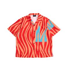 Red Multicolor Zebra Print/ Light Blue M Short Sleeve camp shirt with slight crop. The shirt features our signature Zebra M Pattern in an assortment of colors and a Light Blue M. The shirt is true to size, please size up for an oversized wider fit. True To Size TERMS & CONDITIONS Red Collared Top For Summer, Orange Graphic Print Collared Tops, Oversized Short Sleeve Shirt For Summer Streetwear, Oversized Red Summer Top, Red Camp Collar Top With Graphic Print, Red Camp Collar Top For Summer, Red Camp Collar Shirt For Spring, Trendy Red Shirt For Spring, Collared Tops For Summer Streetwear