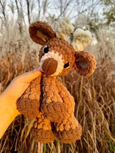 a hand holding a brown stuffed animal in front of tall dry grass and bare trees