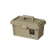 a large plastic storage box with lid and handle on the side, in beige color