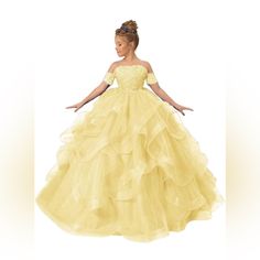 Yellow Pageant Dress, Size 5, No Brand That I Can See. Ordered Multiple From Amazon And Went With Another Style. Dress Is Brand New And Was Never Altered Or Worn. It Will Require Steaming Due To Shipping. Quincenera Dresses Baby Yellow, Yellow Pageant Dresses, Dress From Amazon, Red Flower Girl Dresses, Princess Flower Girl Dresses, Princess Flower, Prom Girl Dresses, Prom Ball Gown, Dresses For Wedding