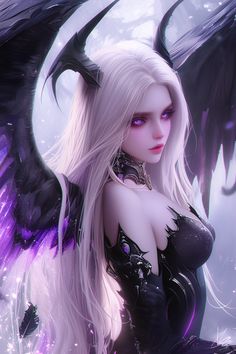 a woman with long white hair and black wings