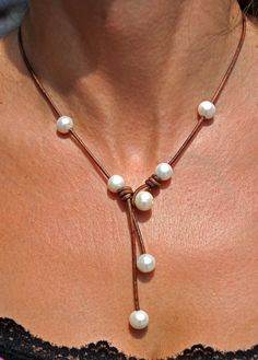 Freshwater Pearl and Leather Necklace Brown by ChristineChandler, $139.00 Pearl Leather, A Necklace, Elegant Necklaces, Lariat Necklace, Leather Necklace, Pearl Jewelry