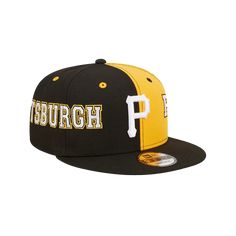 The Pittsburgh Pirates Team Split 9FIFTY Snapback features a team color fabrication with an embroidered Pirates logo at the front panels and a team wordmark across the left and right-wear sides. Additional details include a snapback closure at the rear and a gray undervisor. Fitted Hat With Letter Patch For Sports Events, Collegiate Baseball Cap For College, Throwback Snapback Baseball Cap For College, Sports Fitted Hat With Flat Bill And Letter Patch, Sporty Fitted Hat With Logo Patch And Flat Bill, Sporty Snapback Fitted Hat For Fan Merchandise, Sporty Snapback Fitted Hat For Fans, Throwback Baseball Cap With Embroidered Logo For Game Day, Collegiate Snapback Fitted Hat For Fans