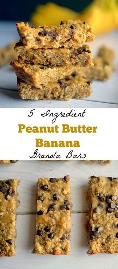 five ingredient peanut butter banana granola bars stacked on top of each other with text overlay