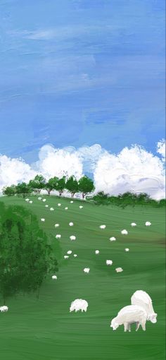 a painting of sheep grazing in a green field