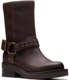 From Clarks&#x2C; the Signature Rebelle Up Leather Moto Mid Boots feature:Leather upperBuckled O-ring harness detailInside zipper closureSytnthetic liningSynthetic outsoleApprox. 8.27" boot shaft heightApprox. 11.8" boot shaft circumferenceApprox. .75" platform heightApprox. 2" heel heightImported. Mid Boots, Comfortable Boots, Leather Moto, Dillard's, O Ring, Boot Shoes Women, Mid Calf, Bootie Boots, Heel Height