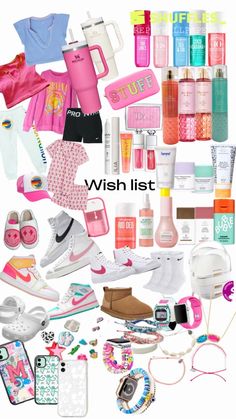 the contents of a wish list are shown in pink and blue, with text that reads wish list