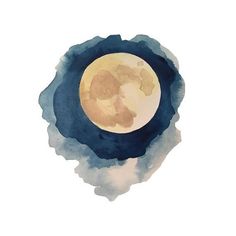 an abstract painting of the moon in blue and yellow on a white background with watercolors