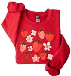 Long Sleeve Cotton Tops With Strawberry Print, Strawberry Print Cotton Crew Neck Top, Cotton Crew Neck Top With Strawberry Print, Casual Long Sleeve Tops With Strawberry Print, Summer Cottage Aesthetic, Strawberry Sweatshirt, Aesthetic Strawberry, Strawberry Festival, Strawberry Gifts