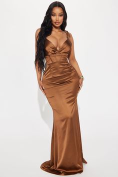 Available In Gold And Chocolate. Satin Gown Adjustable Spaghetti Straps Plunge Neckline Corset Waist Hidden Back Zipper Lined Non Stretch Self: 100% Polyester Lining: 100% Polyester Imported | Bernadette Satin Gown Dress in Chocolate Brown size Small by Fashion Nova Satin Gown Dress, Brown Dresses Formal, Chocolate Satin, Chocolate Fashion, Brown Dresses, Corset Waist, Plunge Neckline, Satin Gown, Gown Dress