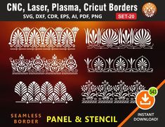 the front and back side of an ornate laser cut border set with different designs on it