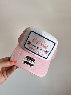 Trucker 5-panel Rodeo Hat, Trucker 5-panel Hats For Rodeo, Pink Trucker Hat With Curved Bill For Outdoor, Trucker Style 5-panel Baseball Cap For Rodeo, Trucker 5-panel Baseball Cap For Rodeo, Retro Pink Hat For Streetwear, Pink 5-panel Trucker Hat For Spring, Pink Trucker Hat For Outdoor, Trucker Hat With Letter Print, 5-panel