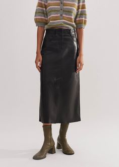 Leather Midi Skirt | ME+EM Versatile Black Skirt For Fall, Modern Black Pencil Skirt For Spring, Modern Black Spring Pencil Skirt, Spring Modern Black Pencil Skirt, Black Leather Midi Skirt, Cropped Half Zip, Skirt Inspiration, Half Zip Jumper, Fashion Me