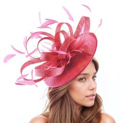 Fuchsia Saucer Disc Kentucky Derby Fascinator Hat Royal Ascot Wedding Hatinator Cocktail Formal Womens Races Tea Party Hats Custom Ladies Hats By Cressida Kentucky Derby & Ascot Fascinator Hats Fuchsia Million Dollar Sinamay & Feather Disc Fascinator Hat Beautiful fuchsia pink sinamay loops and fuchsia feathers on a sinamay base Fascinator body measures about 12 Inches wide This fuchsia pink headpiece is mounted with a matching headband. If you prefer a headband to match your hair, please make a Pink Hat For Kentucky Derby Event, Elegant Rose Red Fascinator For Wedding, Pink Curved Brim Fascinator For Special Event, Pink Curved Brim Fascinator For Event, Pink Curved Brim Fascinator For Events, Pink Curved Brim Boater Hat For Party, Pink Party Boater Hat With Curved Brim, Pink Boater Hat With Curved Brim For Party, Pink Boater Hat With Short Brim For Party