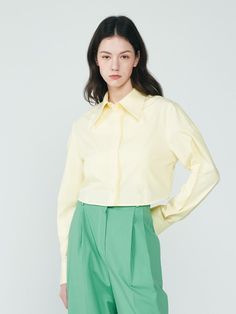 Composition : COTTON 100%Country of Origin : Republic of Korea Fitted Long Sleeve Cropped Shirt For Summer, Fitted Long Sleeve Cropped Shirt For Spring, Trendy Long Sleeve Cropped Shirt For Summer, Trendy Yellow Long Sleeve Crop Top, Yellow Cropped Tops For Fall, Cropped Yellow Tops For Fall, Chic Yellow Cotton Crop Top, Chic Long Sleeve Crop Top With Relaxed Fit, Chic Cropped Yellow Tops