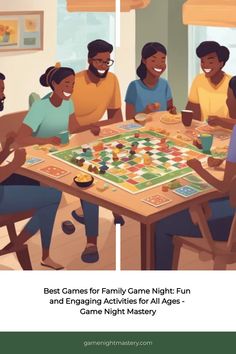 a group of people sitting around a table playing board games with the caption best games for family game night fun and engaging activities