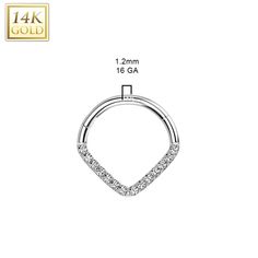 This 14K solid gold hoop ring adds an elegant touch of sophistication to any look. Featuring a Single Line CZ or Opal Paved Chevron, this premium hoop ring is perfect for adding a lux look to your nose, septum, ear cartilage piercings. A timeless piece for any jewellery collection. Thickness: 16 Gauge (1.2 mm) Material: 14Kt. Gold Stone Material: Synthetic Opal or CZ Sold by: 1 Pc Silver Hoop Septum Ring For Anniversary, White Gold Septum Ring With Prong Setting For Anniversary, White Gold Prong-set Septum Ring For Anniversary, Silver Hoop Septum Ring In 14k Gold, Silver 14k Gold Hoop Septum Ring, Silver Diamond Septum Ring, Small Hoop White Gold Diamond Rings, Elegant 14k Gold Septum Ring For Anniversary, Elegant White Gold Hoop Septum Ring