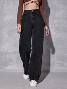 Women's Button Waist Belt Loop Pocket Straight Casual Fashion Trendy Jeans Pants Black Casual   Denim Plain Straight Leg Non-Stretch  Women Clothing, size features are:Bust: ,Length: ,Sleeve Length: Black Wide Leg Jeans Outfit, Black Wide Leg Jeans, Wide Leg Jeans Outfit, Legs Outfit, High Waist Wide Leg Jeans, Jeans Outfit Women, Black Jeans Outfit, Fashion Top Outfits, Trendy Jeans