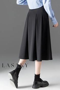 Lasaky - Classic Black High-Waisted Pleated Midi A-Line Umbrella Skirt Black Stretch A-line Bottoms, Non-stretch Pleated A-line Bottoms, Casual Black A-line Pleated Skirt, Stretch A-line Bottoms With Solid Color, Elegant Non-stretch Knee-length Pleated Skirt, Solid Color Flared Skirt Bottoms For Fall, Solid Color Flared Skirt For Fall, Non-stretch Black Long Pleated Skirt, Black Non-stretch Long Pleated Skirt