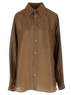 Loose-fit "Iris" shirt in brown silk from Lemaire, with classic collar, double-stitched chest pocket, rear darts and front mother-of-pearl button closure. Formal Brown Button-up Shirt, Elegant Brown Office Shirt, Classic Single Breasted Tops For Daywear, Classic Single-breasted Tops For Daywear, Brown Spread Collar Tops For Work, Elegant Brown Button-up Shirt, Brown Collared Blouse With Button Cuffs, Classic Single Breasted Collared Blouse, Brown Button-up Formal Shirt