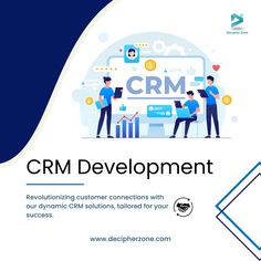 an advertisement for crm development with people working on laptops and holding papers in their hands