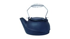 a blue teapot with a metal handle on it's side and a wire in the top