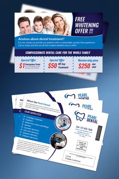 DENTAL SERVICE MARKETING POSTCARD EDDM Direct mail marketing postcard for dental service business. It can be used for Dental Shop, medicine, doctor, health, healthcare, dentist, etc. Easy to edit, all you need to know the very basics of Photoshop to change the text and Its print ready!!  #DENTALSERVICE #DENTALSERVICEPOSTCARD #EDDMPOSTCARD # psdtemplate Mail Designs, Postcard Ideas, Direct Mail Design, Service Marketing, Dental Office Decor, Service Business