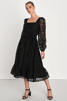 You won't regret adding the Lulus Keep It Sophisticated Black Floral Burnout Ruffled Midi Dress to your rotation of classy dresses! Sheer woven organza, with a floral burnout motif throughout, lays atop a black knit liner as it shapes this sweet dress with a square neckline framed by long, sheer balloon sleeves with elasticized cuffs. Lightly gathered bodice tops an elasticized waist (accented by a sash tying detail) that falls to a skater midi skirt with a tiered, ruffle hem. Fit: This garment Feminine Lace Dress With Square Neck For Party, Feminine Square Neck Lace Dress For Party, Chic Lace Midi Dress With Square Neck, Chic Fitted Organza Midi Dress, Chic Organza Midi Dress For Formal Occasions, Chic Formal Organza Midi Dress, Elegant Organza Lace Dress For Party, Elegant Organza Midi Dress With Ruffles, Chic Square Neck Lace Dress