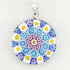 Medium Millefiori pendant in silver frame 23mm $24.95  TOO MUTED / BORING ? Multicolor Flower-shaped Jewelry With Floral Print, Multicolor Floral Print Flower Shaped Jewelry, Multicolor Floral Print Flower-shaped Jewelry, Venetian Glass, Clay Ideas, Silver Frame, Glass Pendant, Murano Glass, Glass Pendants