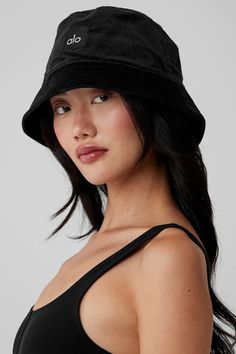 Corduroy Neighborhood Bucket Hat - Black | Alo Yoga Casual Black Corduroy Hat, Adjustable Corduroy Bucket Hat, Black Bucket Hats, Corduroy Outfit, Cute Bucket Hat, Bucket Hat Black, Woman Back, Back Women, On Repeat