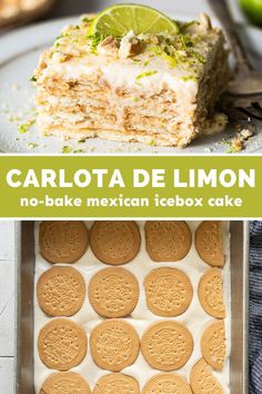 a close up of a plate of food with crackers on it and the words, carlota de limoon no - bake mexican icebox cake