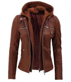 100% Real Lambskin. Internal full lined with soft polyester.  Removable hood and smooth zip YKK closure. Four zipped exterior pockets. One inside pocket. Extra inside pocket for cell phone. Brown finishing that pairs with any dress code. Hooded Brown Leather Jacket for women is the latest addition that will give you a dual style regardless of age or season. Featured with adjustable drawstrings and removable hood. You can style it with or without hoodie. Perfect for every day travel. Hooded Leather Jacket, Dark Brown Leather Jacket, Vintage Style Jacket, Cafe Racer Leather Jacket, Moto Leather Jacket, Womens Moto Jacket, Personalized Jacket, Leather Jacket With Hood, Lambskin Leather Jacket