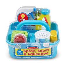 a blue container filled with cleaning supplies on top of a white background and the words spray, squirt & squeeze