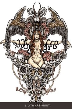 A drawing of Lilith, a powerful and enigmatic figure. She has dark brown, long flowing hair. Adorned with roses, skulls, and distinctive horns, she possesses ethereal wings that add to her mystique. The color palette of the artwork features shades of pink and beige, creating a captivating atmosphere. Lilith Alter, Lilith Drawing, Lilith Altar, Female Samurai Tattoo, Lilith Art, Lillith Goddess, Priestess Art, Lilith Goddess, Goddess Lilith